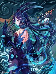  absurdres artist_name blue_hair blue_horns bodysuit bonanus_(genshin_impact) closed_mouth commentary_request cqtlatte dated detached_sleeves facial_mark female forehead_jewel forehead_mark genshin_impact hair_ornament highres hikimayu horns long_hair looking_at_viewer shell_hair_ornament solo standing 