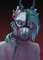  android antennae_(anatomy) anthro aya2h311 blue_eyebrows blue_eyes blue_eyeshadow blue_hair blue_nose blue_sclera bondage bondage bound bust_portrait canid canine chimera collar collarbone docked_ears ear_piercing eyebrows eyeshadow fur gradient_background hair hi_res leather leather_strap looking_at_viewer machine makeup male mammal membrane_(anatomy) muzzle_(object) muzzled notched_ear orange_membrane piercing portrait restraints robot robot_anthro sad shoulder_length_hair simple_background solo straps tephydo white_body white_eyes white_fur wire_basket_muzzle 