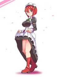  azure_striker_gunvolt azure_striker_gunvolt_2 boots breasts cougar_(cougar1404) female full_body green_neckerchief hair_between_eyes large_breasts looking_at_viewer looking_down maid neckerchief nowa_(gunvolt) open_mouth red_eyes red_hair short_hair solo 