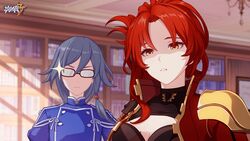  2girls black_hair blue_jacket book breasts cleavage cleavage_cutout closed_mouth clothing_cutout fu_hua fu_hua_(valkyrie_accipiter) glasses highres honkai_(series) honkai_impact_3rd indoors jacket large_breasts library long_hair looking_at_viewer mole mole_on_breast multiple_girls murata_himeko murata_himeko_(valkyrie_triumph) official_art open_book parted_lips red_hair red_jacket shaded_face upper_body v-shaped_eyebrows 