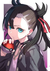  adachi_yousuke black_choker black_hair black_jacket blue_eyes choker commentary_request earrings female holding holding_poke_ball jacket jewelry long_hair marnie_(pokemon) poke_ball poke_ball_(basic) pokemon pokemon_swsh portrait solo twintails 