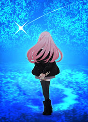  1boy arms_behind_back black_footwear black_jacket black_thighhighs blue_background blue_theme boots brown_shorts check_commentary commentary commentary_request crossed_arms facing_away from_behind full_body glowing high_heel_boots high_heels holding_own_arm holostars jacket kiyoshi_(panap23) long_hair long_sleeves male_focus off_shoulder pink_hair shooting_star shorts solo standing sweater thighhighs tsukishita_kaoru turtleneck turtleneck_sweater virtual_youtuber white_sweater zettai_ryouiki 