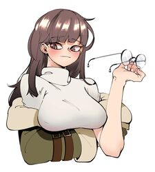  :3 black_survival blush breasts brown_eyes brown_hair closed_mouth coat female green_coat grey_sweater highres holding holding_removed_eyewear korean_commentary large_breasts long_hair long_sleeves mnnnya off_shoulder round_eyewear simple_background smile smug solo suzuki_aya sweater unworn_eyewear upper_body white_background 