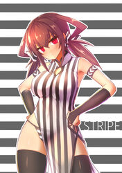  armpits black_gloves black_thighhighs breasts brown_hair cleavage_cutout closed_mouth clothing_cutout dress elbow_gloves female fingerless_gloves frown gloves hands_on_own_hips highres konohana_saku large_breasts original panties red_eyes see-through side-tie_panties solo striped_background striped_clothes striped_dress striped_panties thighhighs twintails underwear 