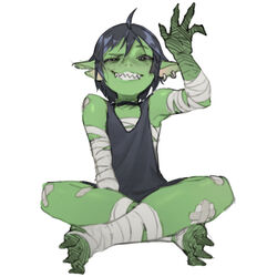  ahoge bandaged_arm bandaged_leg bandages bandaid bandaid_on_knee bandaid_on_leg black_choker black_eyes black_hair choker colored_skin commentary earrings english_commentary female female_goblin fewer_digits fingernails freckles full_body goblin green_skin grin hand_up indian_style jewelry looking_at_viewer monster_girl original sarashi sharp_fingernails sharp_teeth sharp_toenails simple_background sitting smile solo teeth toenails umber white_background 