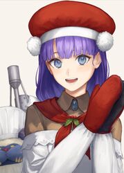  apron blue_eyes blunt_bangs breasts brooch brown_shirt fate/grand_order fate_(series) female hat jewelry kouzuki_kei long_hair long_sleeves looking_at_viewer martha_(fate) martha_(santa)_(fate) medium_breasts mittens off_shoulder open_mouth purple_hair red_headwear santa_hat shirt smile tarasque_(fate) white_apron 