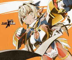  adapted_costume armpits blonde_hair breasts cleavage cleavage_cutout clenched_hands clothing_cutout cosplay dark-skinned_female dark_skin determined dutch_angle elf female fighting_stance from_below gloves hair_intakes headgear headphones highres hololive long_hair multicolored_hair open_mouth orange_background pointy_ears punching see-through senki_zesshou_symphogear shiranui_flare showgirl_skirt sidelocks skin_tight solo streaked_hair tachibana_hibiki_(symphogear) tachibana_hibiki_(symphogear)_(cosplay) tataki_tuna triangle_mouth v-shaped_eyebrows virtual_youtuber 