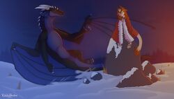  anthro caligae clothing crown dragon duo feral flying footwear hans_spee headgear male mane mantle melancholic mountain mythological_creature mythological_scalie mythology peak prince prince_borgon rikkishadow royalty scalie snow tail tail_tuft tuft 