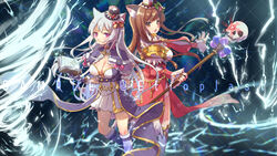  2girls animal_ear_fluff animal_ears arch_mage_(ragnarok_online) black_headwear blush book boots bow breasts brown_eyes brown_hair cat_ears cleavage cleavage_cutout closed_mouth clothing_cutout coat commentary_request dress elemental_master_(ragnarok_online) foot_out_of_frame fur-trimmed_gloves fur_trim gloves gold_trim green_bow grey_coat grey_gloves hairbow hand_up hat highres holding holding_book holding_staff large_breasts long_hair looking_at_viewer magic mini_hat multiple_girls open_book open_mouth pink_eyes ragnarok_online red_bow red_dress sample_watermark skull staff top_hat vixiq watermark whirlwind white_dress white_footwear white_hair white_headwear 