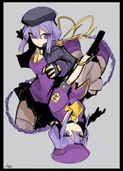  2girls alternate_costume bad_id bad_twitter_id beret black_border border bracelet braid cropped_jacket eltnum_(under_night_in-birth) fingerless_gloves gloves gun hair_ribbon hat jewelry long_hair melty_blood miniskirt multiple_girls necktie purple_eyes purple_hair ribbon single_braid sion_eltnam_atlasia skirt sost_fgo sweater thighhighs tsukihime type-moon under_night_in-birth v-neck vampire very_long_hair weapon white_legwear zettai_ryouiki 