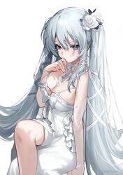  bad_id bad_twitter_id blue_hair breasts chungu cleavage crossed_legs dress female flower grey_eyes hair_flower hair_ornament hand_up hatsune_miku highres large_breasts long_hair looking_at_viewer mole mole_under_mouth rose simple_background sitting solo twintails very_long_hair vocaloid white_background white_dress white_flower white_rose 