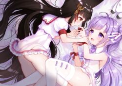  2girls :d ahoge animal_ears ass azur_lane bad_id bad_pixiv_id bare_shoulders bed_sheet black_hair blush bow brown_eyes chocolate collared_dress commentary_request dress feeding food frilled_dress frills hair_bun hair_ornament highres holding holding_food long_hair lying maeha multiple_girls nagato_(azur_lane) on_side open_mouth panties profile puffy_short_sleeves puffy_sleeves purple_bow purple_eyes purple_hair sailor_collar sailor_dress short_sleeves single_hair_bun single_side_bun sleeveless sleeveless_dress smile striped_clothes striped_panties stuffed_animal stuffed_toy stuffed_unicorn thighhighs underwear unicorn_(azur_lane) very_long_hair white_dress white_sailor_collar white_thighhighs yuri 