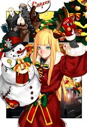  1boy 2girls alternate_costume animal_ears antlers bell black_coat black_gloves blonde_hair blue_eyes blunt_bangs brown_gloves christmas christmas_tree coat colored_skin deer_ears fate_(series) fur_trim gift gloves grey_skin hat highres horns kayneth_el-melloi_archibald long_hair lord_el-melloi_ii_case_files mittens multiple_girls reindeer_antlers reines_el-melloi_archisorte ribbon scarf snowman straight_hair trimmau_(fate) whaaa000 