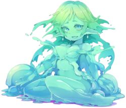  blue_eyes bottomless breasts colored_skin commentary_request female frfr full_body green_skin highres monster_girl navel open_mouth original pointy_ears sitting slime_girl solo transparent_background 