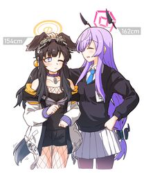  2girls absurdres animal_ears bare_shoulders black_hair blue_archive blue_eyes blush breasts dog_ears dog_girl dog_tail eyewear_on_head fishnet_pantyhose fishnets goggles goggles_on_head halo hand_on_own_hip hariyaa headgear height_difference hibiki_(blue_archive) highres long_hair long_sleeves looking_at_another multiple_girls off_shoulder one_eye_closed open_mouth pantyhose purple_eyes purple_hair simple_background smile standing tail utaha_(blue_archive) yellow_halo 