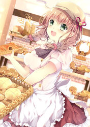  :d apron bakery black_neckwear braid breasts brown_hair brown_hat female food green_eyes hair_ornament hair_scrunchie hat highres indoors large_breasts maya_(tirolpop) open_mouth original pastry photoshop_(medium) pink_scrunchie red_ribbon ribbon scrunchie shirt shop short_sleeves skirt smile solo table twin_braids white_shirt wicker_basket 