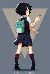  \n/ animal_bag ankle_boots backpack bag black_hair black_neckwear black_socks blush boots brown_eyes cat_bag commentary double_\n/ english_commentary female from_behind full_body highres kneehighs marvel mleth peni_parker petite pigeon-toed plaid plaid_skirt school_uniform short_hair simple_background skirt socks solo spider-man:_into_the_spider-verse spider-man_(series) spider-verse sweater_vest twitter_username watermark web_address 