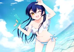  bikini blue_hair blush cowboy_shot day female hand_up highres holding holding_water_gun long_hair looking_at_viewer love_live! love_live!_school_idol_project marine_day misora_deco ocean one_eye_closed open_mouth see-through side-tie_bikini_bottom smile solo sonoda_umi striped_bikini striped_clothes swimsuit water water_gun yellow_eyes 