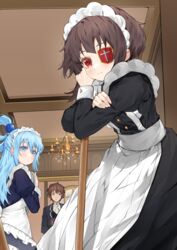  1boy 2girls absurdres ai-nohikari alternate_costume apron aqua_(konosuba) black_cat black_dress black_jacket blue_dress blue_eyes blue_hair blush broom brown_hair butler chomusuke commentary dress english_commentary enmaided eyepatch feline folded_ponytail foreshortening glint green_eyes hair_ornament hair_rings highres holding indoors jacket juliet_sleeves kono_subarashii_sekai_ni_shukufuku_wo! long_dress long_hair long_skirt long_sleeves looking_at_viewer maid maid_apron maid_headdress medium_hair megumin multiple_girls official_alternate_costume puffy_sleeves red_eyes satou_kazuma single_hair_ring skirt smile waist_apron 