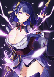  absurdres akira_(sayo_dayoo) breasts bridal_gauntlets cleavage closed_mouth commentary cowboy_shot electricity female genshin_impact glowing glowing_petals hair_ornament highres japanese_clothes kimono large_breasts long_hair mitsudomoe_(shape) petals purple_background purple_eyes purple_hair purple_kimono purple_thighhighs raiden_shogun solo thighhighs thighs tomoe_(symbol) weapon 