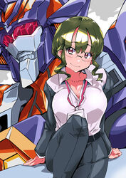  anosillus_ii belt black_belt breasts brown_eyes cleavage collarbone collared_shirt daison female grey_jacket grey_pants gridknight_(ssss.gridman) gridman_universe hair_behind_ear highres id_card jacket looking_up mecha medium_breasts pants robot shirt sidelocks sitting smile ssss.dynazenon white_shirt 