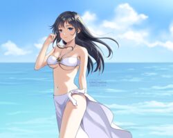  arm_behind_back artist_name bikini blue_eyes blue_sky breasts closed_mouth cloud collarbone commentary_request dated day english_commentary female halterneck hand_up horizon lilia_creative long_hair looking_at_viewer medium_breasts mixed-language_commentary navel ocean ore_wo_suki_nano_wa_omae_dake_ka_yo outdoors sanshokuin_sumireko sarong sky smile solo standing stomach swimsuit underboob water white_bikini wind 