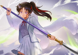  alternate_costume black_hair closed_mouth female han&#039;you_no_yashahime highres long_hair looking_at_viewer multicolored_hair naginata polearm ponytail ribbon school_uniform setsuna_(inuyasha) simple_background skirt solo streaked_hair weapon yamaneko_(jyorujyomorieru) 