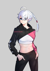  abs ahoge alisaie_leveilleur blue_eyes braid breasts commentary cropped_hoodie edie_crop_hoodie elezen elf english_commentary female fila final_fantasy final_fantasy_xiv grey_background hair_over_one_eye hands_in_pockets hood hood_down hoodie huge_ahoge meme_attire midriff multicolored_clothes pants pointy_ears side_braid single_braid small_breasts smile solo sports_bra streetwear supershrimpcakes track_pants twitter_username white_sports_bra 