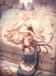  2girls bare_arms bare_shoulders barefoot bed bedroom blonde_hair blue_eyes book breasts brown_hair collarbone commentary_request cookie cup curtains dress eye_contact food from_above grey_dress hair_down hair_spread_out hand_in_another&#039;s_hair holding holding_book indoors light_blush light_particles long_dress long_hair looking_at_another lying medium_breasts multiple_girls on_bed on_floor on_side open_book parted_lips pillow pink_eyes plate saijou_claudine shoujo_kageki_revue_starlight sidelocks sitting sleeveless sleeveless_dress sleeves_past_elbows teacup tendou_maya tray wato_(ko) white_dress yokozuwari yuri 