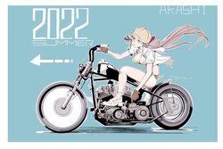  2022 akashi_(kancolle) akashi_(swimsuit_mode)_(kancolle) alternate_costume arrow_(symbol) bikini blue_background blunt_tresses border breasts brown_gloves character_name cleavage female floating_hair gloves hair_ribbon hat high_heels highres kantai_collection large_breasts long_hair motor_vehicle motorcycle official_alternate_costume one-hour_drawing_challenge ribbon riding solo swimsuit tada_(tactical_tada) tress_ribbon two-tone_background white_border 