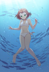  ahoge air_bubble bikini brown_hair bubble crosscode emilie-sophie_de_belmond female fish freckles freediving full_body green_eyes highres looking_down protected_link short_hair side-tie_bikini_bottom solo swimsuit underwater white_bikini yuikannon 