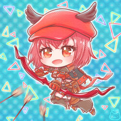  abyss_chaser_(ragnarok_online) arm_belt arrow_(projectile) backpack bag belt black_shorts blush bow_(weapon) breasts brown_belt brown_footwear brown_gloves cabbie_hat chibi cleavage commentary_request detached_pants female full_body gloves halftone hat holding holding_bow_(weapon) holding_weapon looking_at_viewer medium_breasts motion_blur nyamen2828 open_mouth pink_hair pouch ragnarok_online red_eyes red_gloves red_hat shoes short_hair shorts smile solo two-tone_gloves weapon winged_hat zipper 