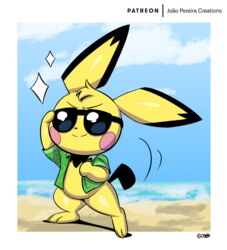  anthro beach bottomless clothed clothing eyewear fur generation_2_pokemon hi_res joaoppereiraus leroy_(joaoppereiraus) long_ears male nintendo open_clothing open_shirt open_topwear pichu pokemon pokemon_(species) rosy_cheeks sea seaside semi-anthro shirt simple_background sky slightly_chubby smile solo sparkles standing sunglasses swag topwear water yellow_body yellow_fur 