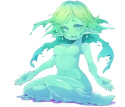  blue_eyes bottomless breasts colored_skin commentary_request female frfr full_body green_skin highres monster_girl navel open_mouth original pointy_ears sitting slime_girl solo transparent_background 