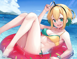  :d amano_pikamee aqua_eyes aqua_hair aqua_nails bare_legs barefoot bikini black_hairband blonde_hair blue_sky bracelet breasts cleavage commentary day doughnut_innertube female finger_to_mouth fingerless_gloves gloves gyari_(bird) hair_between_eyes hairband highres innertube jewelry medium_breasts multicolored_hair nail_polish navel necklace ocean open_mouth outdoors sharp_teeth short_hair side-tie_bikini_bottom sky smile solo swim_ring swimsuit teeth tenneko_yuuri toenail_polish toenails two-tone_bikini two-tone_hair v virtual_youtuber voms water when_you_see_it 