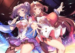  2girls :d ahoge azur_lane bracelet breasts brown_hair brown_thighhighs cleavage closed_mouth commentary_request cropped_jacket dress glowstick headphones headphones_around_neck highres holding holding_microphone idol jewelry large_breasts long_hair long_sleeves looking_at_viewer medium_breasts microphone miniskirt multiple_girls ning_hai_(azur_lane) ning_hai_(dragon_sisters!_-n)_(azur_lane) official_alternate_costume open_mouth outstretched_arm pdxen ping_hai_(azur_lane) ping_hai_(dragon_sisters!_-p)_(azur_lane) purple_eyes purple_hair purple_skirt red_eyes see-through shirt single_thighhigh skirt smile standing thighhighs thighs twintails underboob very_long_hair white_dress white_shirt wide_sleeves 