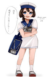  black_hair blue_eyes blue_sailor_collar bob_cut daitou_(kancolle) depth_charge dress female full_body hat high_ponytail highres kantai_collection nanari_(nanari_nannari) one-hour_drawing_challenge sailor_collar sailor_dress sailor_hat shoes short_hair short_sleeves sidelocks simple_background smile socks solo standing uwabaki white_background white_dress white_hat white_socks 