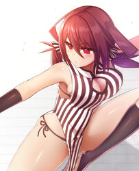  black_gloves black_socks bra breasts brown_hair cleavage_cutout clothing_cutout elbow_gloves female gloves konohana_saku large_breasts original outstretched_arms panties red_eyes serious side-tie_panties socks solo standing standing_on_one_leg striped_bra striped_clothes striped_panties twintails underwear 