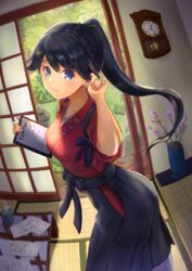  absurdres architecture black_hair black_hakama blue_eyes clock east_asian_architecture female hakama hakama_short_skirt hakama_skirt high_ponytail highres houshou_(kancolle) indoors japanese_clothes kantai_collection kimono long_hair pantyhose pendulum_clock pink_kimono ponytail skirt smile solo standing table tasuki tatami tsukiyo_kapibara wall_clock 