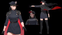  black_background black_cape black_footwear black_gloves black_hair black_sash boots cape closed_mouth coat commentary_request cowboy_shot disgust female floating_cape gloves grey_coat half_gloves hat highres long_hair looking_at_viewer original parted_lips peaked_cap pointing red_cape red_eyes sash simple_background standing thigh_boots thighhighs two-sided_cape two-sided_fabric umber 