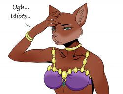  anthro black_claws bracelet brown_body brown_fur claws clothed clothing collar dainerissindra dialogue english_text eyebrows fangs felid feline female fur gem green_eyes hand_on_head jewelry katta mammal narrowed_eyes pink_nose quest_for_glory shema simple_background solo teeth text white_background 