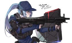  arm_guards arm_shield artist_name bangs belt blue_eyes blue_hair blue_headwear blue_sweater breasts character_name dp-12_(girls_frontline) expressionless female girls_frontline gun headset holding holding_gun holding_weapon large_breasts load_bearing_vest long_hair looking_afar multicolored_hair pandea_work ponytail pouch pump_action ribbed_sweater shotgun sidelocks solo standard_manufacturing_dp-12 sweater turtleneck turtleneck_sweater weapon white_background white_hair white_sweater 