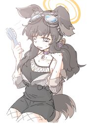  animal_ears bare_shoulders black_hair blue_archive blush breasts camisole dog_ears dog_girl dog_tags dog_tail electric_fan female goggles goggles_on_head hair_ornament halo hand_fan hariyaa hibiki_(blue_archive) highres holding holding_fan hot sitting solo sweat tail tongue tongue_out white_background yellow_halo 