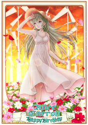  absurdres alice_carroll aria_(manga) bare_arms blue_eyes blush character_name collarbone dress english_text eyelashes female field flower flower_field frilled_dress frilled_straps frills full_body green_hair hair_between_eyes happy_birthday hat highres lips long_dress long_hair looking_away looking_to_the_side raised_eyebrows see-through_silhouette sleeveless sleeveless_dress solo straight_hair straw_hat sun_hat sundress sunset telaform twilight white_dress wind_turbine 