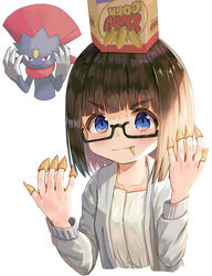  &gt;_&lt; black-framed_eyewear black_hair blue_eyes blush bugles_(food) bugles_on_fingers closed_mouth commentary_request cropped_torso female food_on_hand glasses grey_jacket highres jacket looking_at_viewer mimikaki_(men_bow) on_head open_clothes open_jacket original pokemon pokemon_(creature) semi-rimless_eyewear shirt simple_background smile under-rim_eyewear upper_body v-shaped_eyebrows weavile white_background white_shirt 