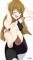  ;d absurdres armpits arms_up bare_shoulders bike_shorts black_shirt blue_eyes blurry blurry_foreground blush braid breasts brown_hair collarbone crop_top cropped_shirt dot_nose exercising feet female hands_on_own_head highres idolmaster idolmaster_million_live! idolmaster_million_live!_theater_days kousaka_umi leg_up long_hair looking_at_viewer medium_breasts midriff one_eye_closed open_mouth shirt sideboob signature simple_background sit-up sitting smile soles solo sweat toes twin_braids v-shaped_eyebrows vivid_(key) white_background 