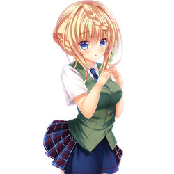  blonde_hair blue_necktie blue_skirt braid braided_bun commentary_request cowboy_shot dress_shirt female fingers_together green_vest hair_bun highres kantai_collection long_hair looking_at_viewer necktie open_mouth perth_(kancolle) plaid plaid_skirt pleated_skirt school_uniform shirt shitou_kazuaki short_sleeves simple_background single_hair_bun skirt solo vest white_background white_shirt 