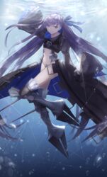  absurdres air_bubble armored_boots boots bubble closed_mouth commentary_request crotch_plate fate/extra fate/extra_ccc fate/grand_order fate_(series) female full_body hair_ribbon high_collar highres jacket long_hair looking_at_viewer meltryllis_(fate) navel purple_eyes purple_hair revealing_clothes ribbon sleeves_past_fingers sleeves_past_wrists smile solo stomach thkani underwater very_long_hair very_long_sleeves 