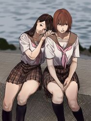  2girls absurdres black_hair blurry blurry_background brown_eyes brown_hair commentary han_soo-min_(hanny) hanny_(uirusu_chan) highres kneehighs light_brown_hair long_hair multiple_girls neckerchief ocean original parted_bangs pink_neckerchief plaid plaid_skirt red_hair rock sailor_collar sailor_shirt shirt short_hair short_sleeves sitting skirt smile socks swept_bangs tekken wall 