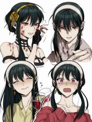  ^_^ alcohol bare_shoulders black_dress black_gloves black_hair blood blood_on_face blood_on_hands breasts closed_eyes coat cup dress drinking_glass drunk earrings embarrassed facing_viewer female fingerless_gloves flower flying_sweatdrops gloves hair_flower hair_ornament hairband hand_up happy highres holding holding_cup jewelry korean_commentary long_hair long_sleeves looking_at_viewer looking_away looking_down m_m_pb multiple_views nervous off-shoulder_sweater off_shoulder pajamas pendant portrait protected_link reaching reaching_towards_viewer red_eyes red_sweater rose shaded_face sidelocks simple_background sleeveless sleeveless_dress sleeves_past_wrists spikes spy_x_family sweater toasting_(gesture) twitter_username updo white_background wine wiping_blood wiping_face yellow_flower yellow_rose yor_briar 